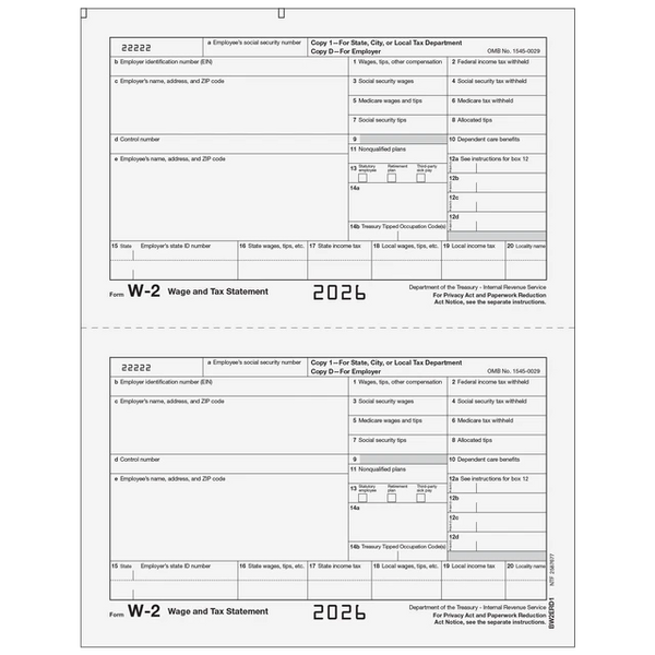 W-2 Laser Employer Copy D 2 Up (2 Forms Per Page)
