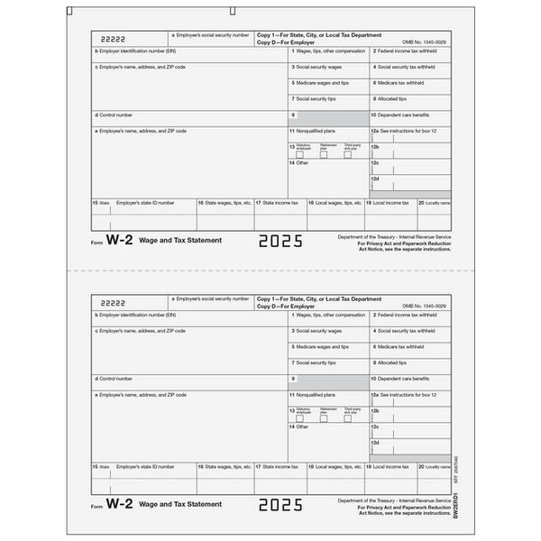 W-2 Laser Employer Copy D 2 Up (2 Forms Per Page)