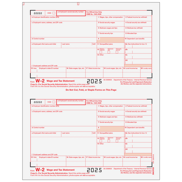 W-2 Laser IRS Copy A 2 Up  (2 Forms Per Page)