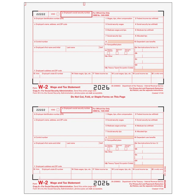 W-2 Laser IRS Copy A 2 Up  (2 Forms Per Page)