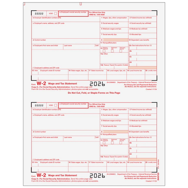 W-2 Laser IRS Copy A 2 Up  (2 Forms Per Page)