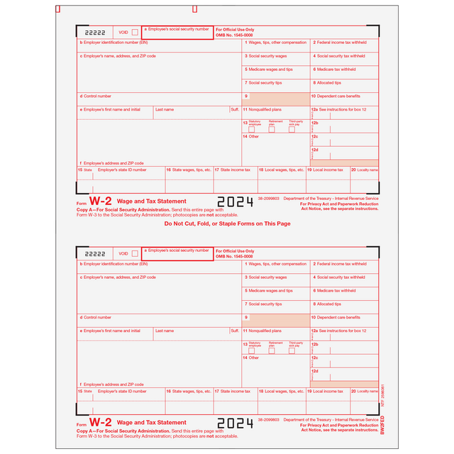 W-2 Laser IRS Copy A 2 Up  (2 Forms Per Page)