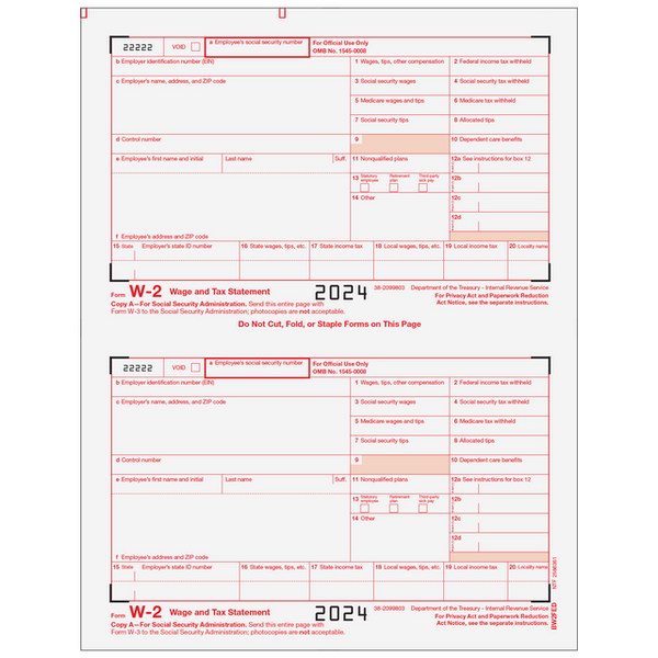 W-2 Laser IRS Copy A 2 Up  (2 Forms Per Page)