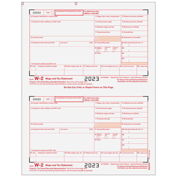 W-2 Laser IRS Copy A 2 Up  (2 Forms Per Page)