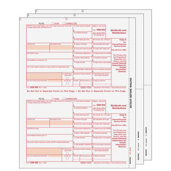 1099-DIV Dividends and Distributions - 3-part Set