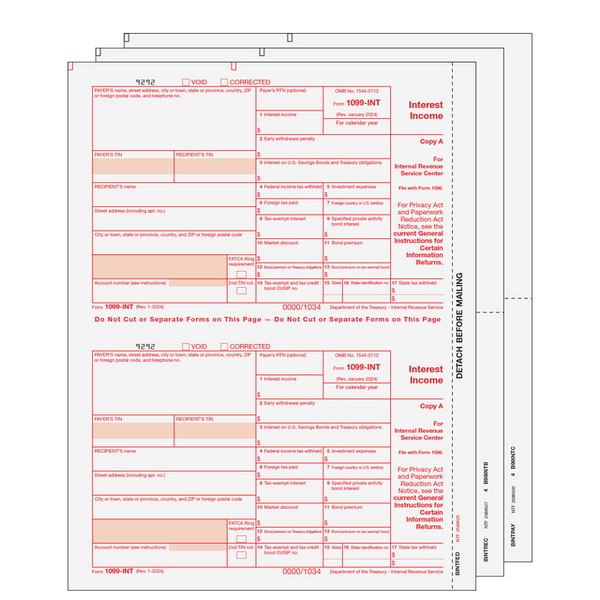 1099-INT Interest Laser  Set  3 Part 2 Up (2 Forms Per Page)