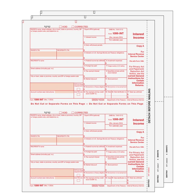 1099-INT Interest Laser  Set  3 Part 2 Up (2 Forms Per Page)