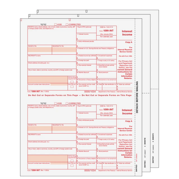 1099-INT Interest Laser  Set  3 Part 2 Up (2 Forms Per Page)