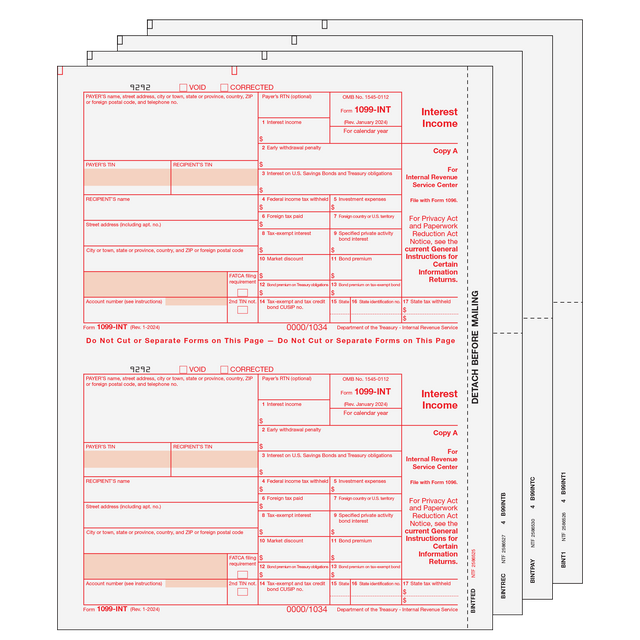1099-INT Interest Laser  Set 4 part 2 Up (2 Forms Per Page)