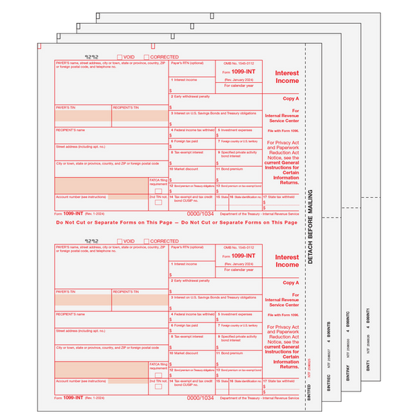 1099-INT Interest Laser  Set 4 part 2 Up (2 Forms Per Page)