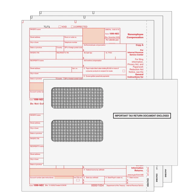 1099-NEC  Non Employee Compensation  3 Part Kit With Envelopes