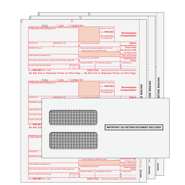 1099-NEC  Non Employee Compensation  3 Part Kit With Envelopes